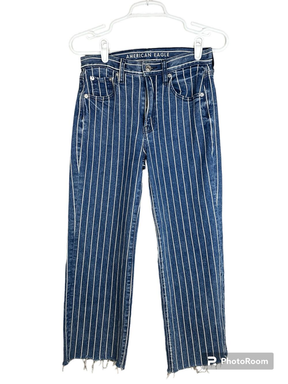 American Eagle Blue White Pinstripe Wide Leg Crop Raw Hem Blue Jeans Size 00